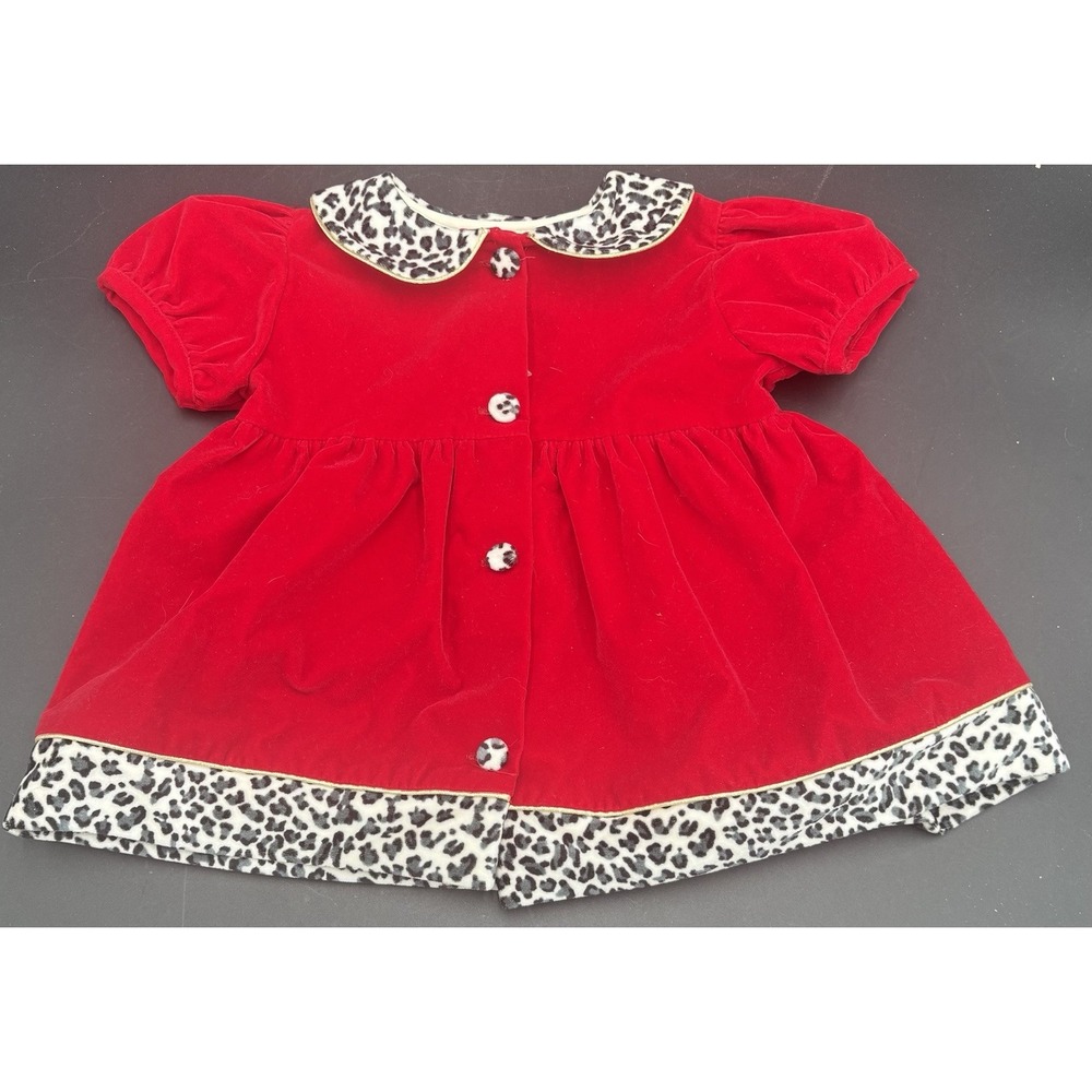 Vtg Red Cheetah Trim Dress Baby 3-6 Months Velvety Soft Button Detail & Collar